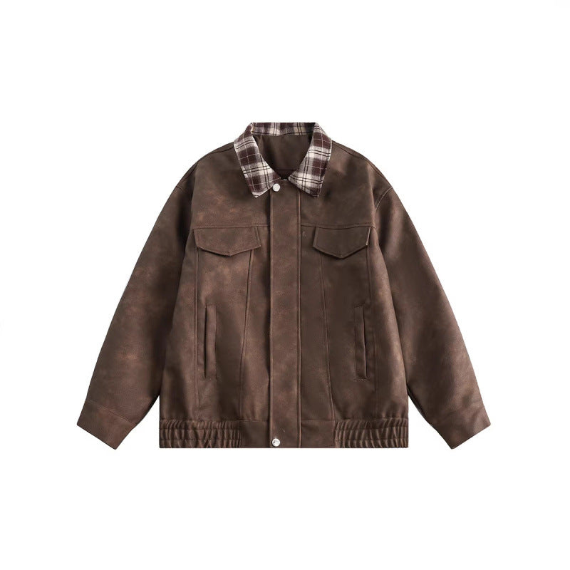 Men's suede look bomber jacket with checked shirt collar, flap pockets, and elastic hem Mune Fashion