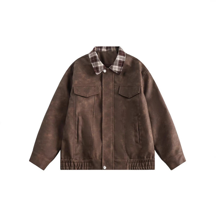Men's suede look bomber jacket with checked shirt collar, flap pockets, and elastic hem Mune Fashion