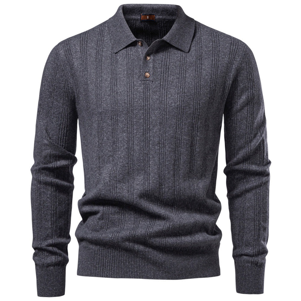 Men's Long Sleeve Fine Knit Polo Shirt with Textured Stripes and Ribbed Hem Mune Fashion