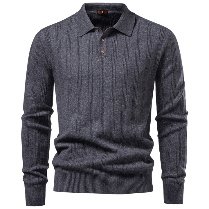 Men's Long Sleeve Fine Knit Polo Shirt with Textured Stripes and Ribbed Hem Mune Fashion