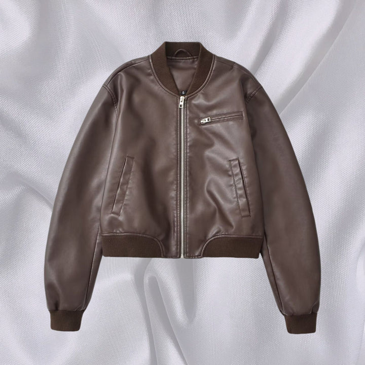 Women Short Leather Look Bomber Jacket with Ribbed Cuffs and Chest Zipper Pocket Mune Fashion
