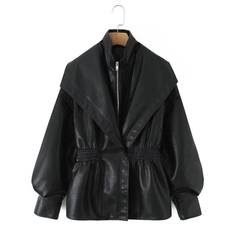 Women's Faux Leather Jacket with Wide Shawl Collar and Gathered Waistband Mune Fashion
