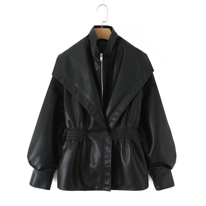 Women's Faux Leather Jacket with Wide Shawl Collar and Gathered Waistband Mune Fashion
