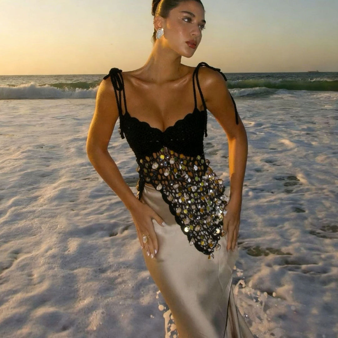 Ladies crocheted top with shimmering embellishments Mune Fashion