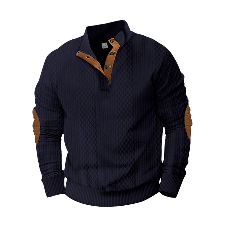 Men's textured half-zip pullover in Troyer style with contrasting trim and leather elbow patches Mune Fashion