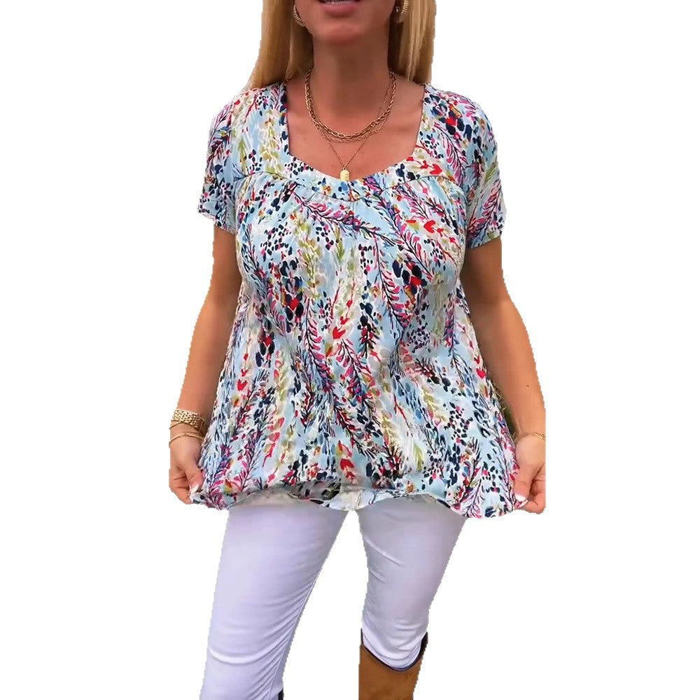 Women's lightweight floral round neck printed shirt with bust pleats and casual hip length Mune Fashion