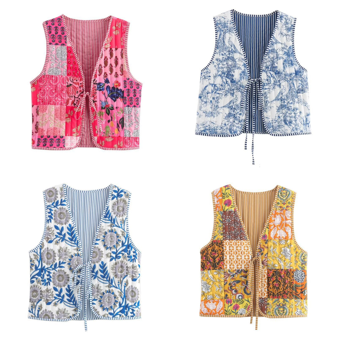 Women Patchwork Vest with Tie Band and V-Neck Mune Fashion
