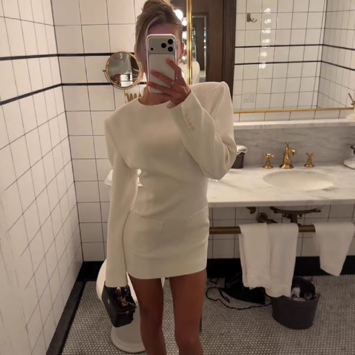 Women Figured Fitted Mini Dress with Emphasized Shoulders and Patch Pockets Mune Fashion