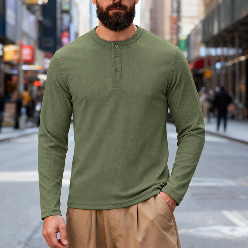 Men's nan Thermo-Henley-Long Sleeve Shirt with Waffle Structure, Round Neckline and Button Placket Mune Fashion