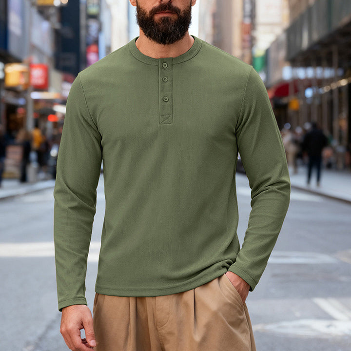 Men's nan Thermo-Henley-Long Sleeve Shirt with Waffle Structure, Round Neckline and Button Placket Mune Fashion