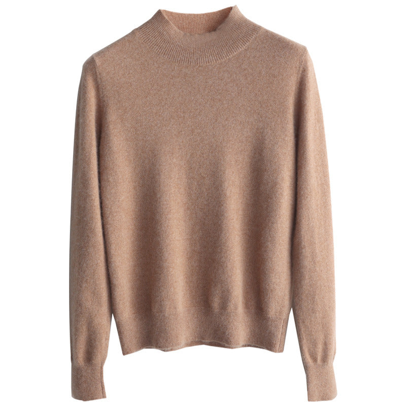 Women Luxurious Cashmere Fine Knit Sweater with Standing Collar Mune Fashion