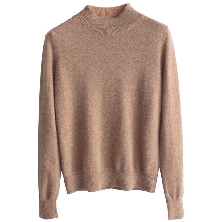 Women Luxurious Cashmere Fine Knit Sweater with Standing Collar Mune Fashion