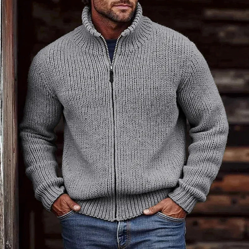 Men's chunky knit cardigan with stand-up collar and continuous zipper Mune Fashion