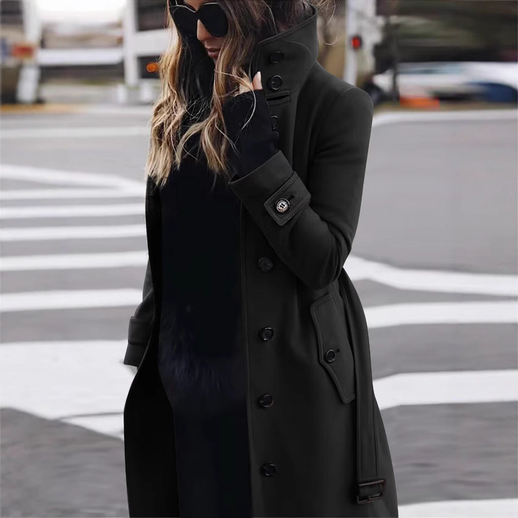 Women's Long Cut Trench Coat with High Stand Collar, Button Placket and Waist Belt Look Mune Fashion