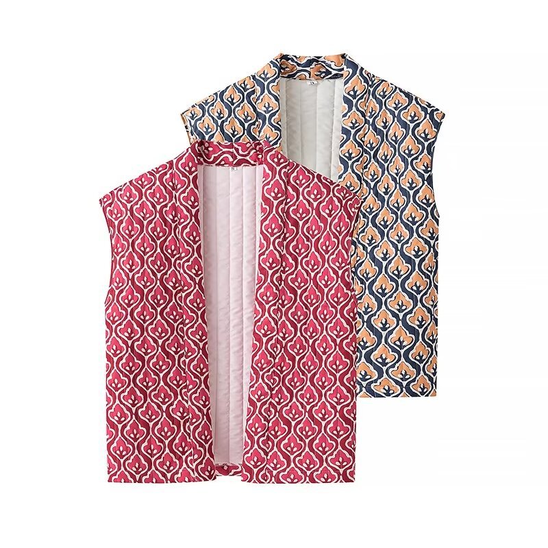 Women's non-quilted sleeveless vest with open kimono front and decorative all-over pattern Mune Fashion