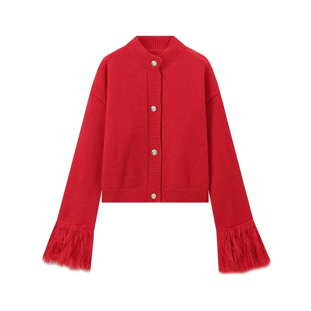 Women's 300+ Cropped Cardigan with Fringe Sleeves and Bead Button Placket Mune Fashion