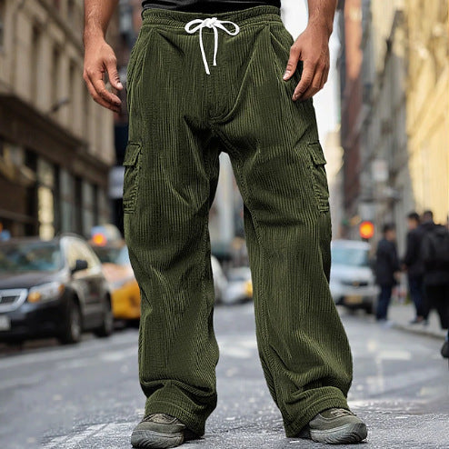 Men's corduroy-look cargo joggers with drawstring, elastic waistband, and patch flap pockets Mune Fashion
