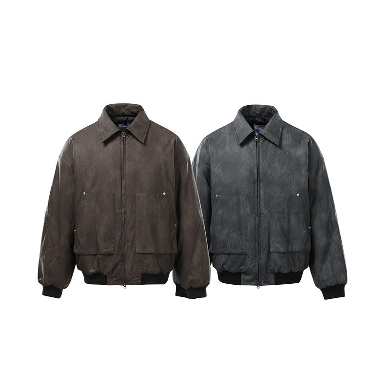 Men's Short Boxy Vintage Leather Look Blouson with Ribbed Cuffs and Large Flap Pockets Mune Fashion