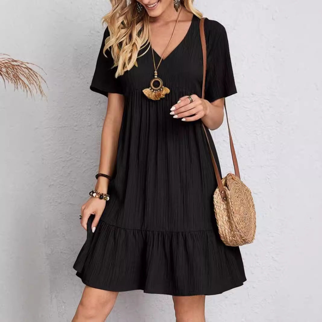 Ladies Nan Crepe Short Dress with V-Neck, Gathered Empire Seam and Ruffled Hem Mune Fashion