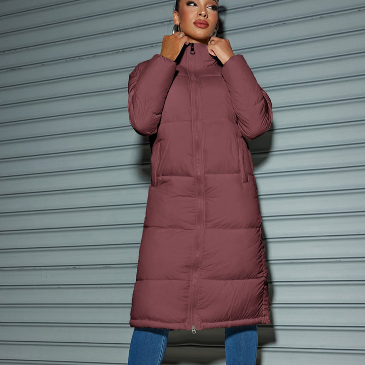 Women's Longer Quilted Puffer Coat with High Stand Collar Mune Fashion