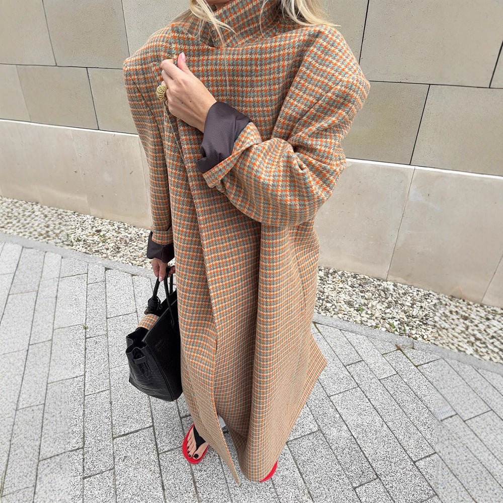 Ladies Oversize Wool Coat with Houndstooth Pattern and Waist Belt Mune Fashion