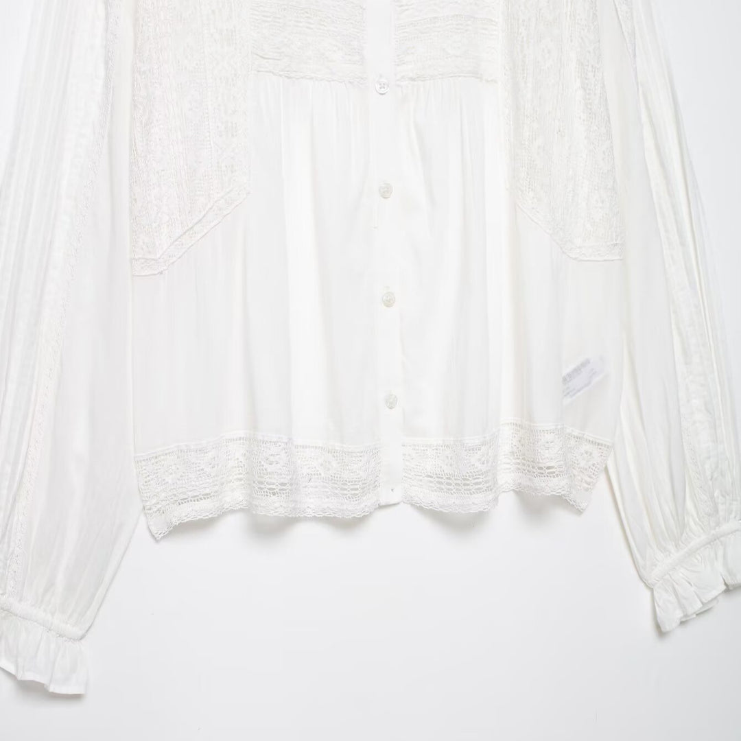 Women's lace blouse with pleat and lace trim, button placket and balloon sleeves Mune Fashion