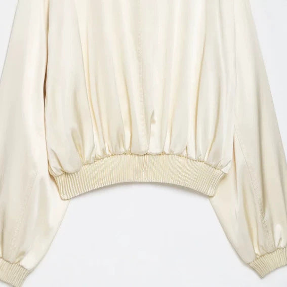 Women Lightweight Cropped Bomber Jacket in Satin Look with Ribbed Cuffs and Drop Shoulder Mune Fashion
