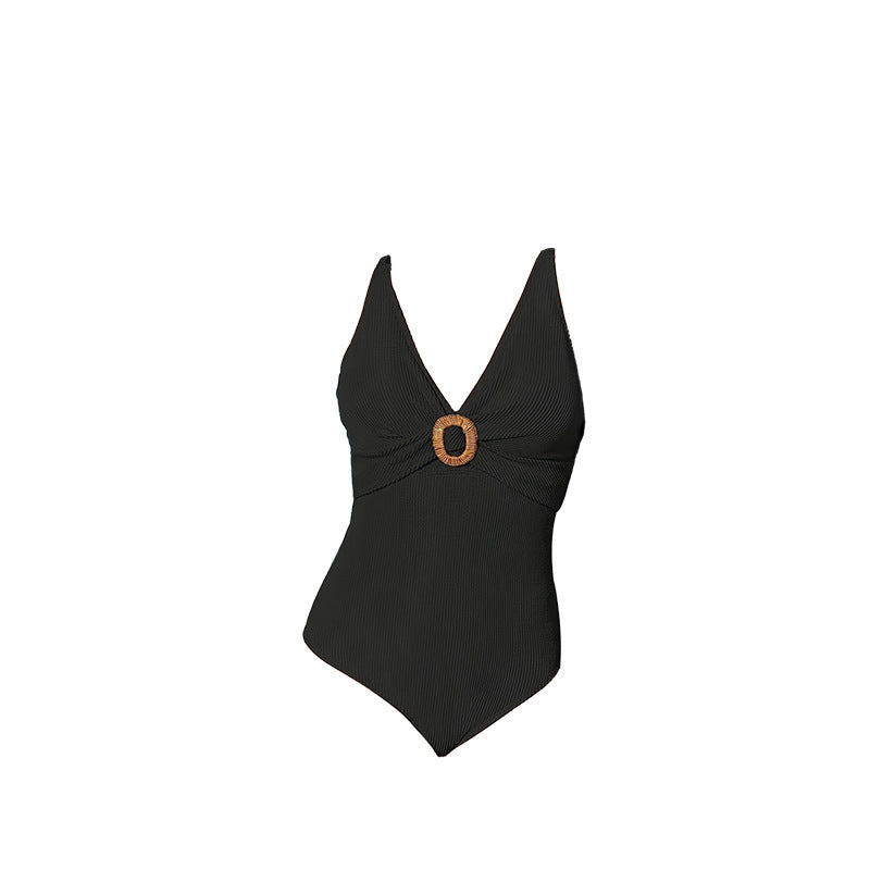 Women Elegant V-Neck Swimsuit with Wood Ring Detail Mune Fashion