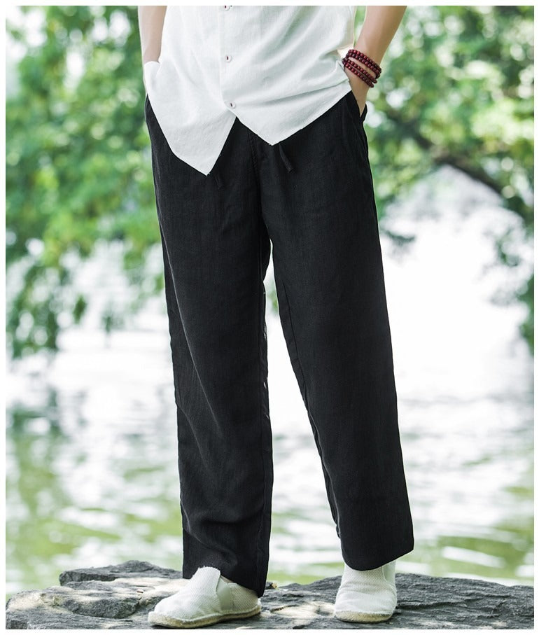Men's light linen pants with elastic waistband, wide leg, and side pockets Mune Fashion