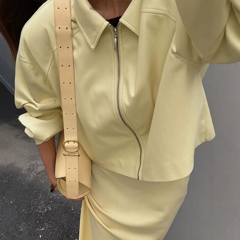 Women's Tailored Zip Blouson Set with Shirt Collar and Midi Skirt Mune Fashion