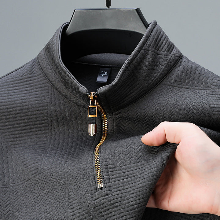 Men's Structured Pullover with Half Zipper High Stand Collar and Geometric Relief Structure Mune Fashion