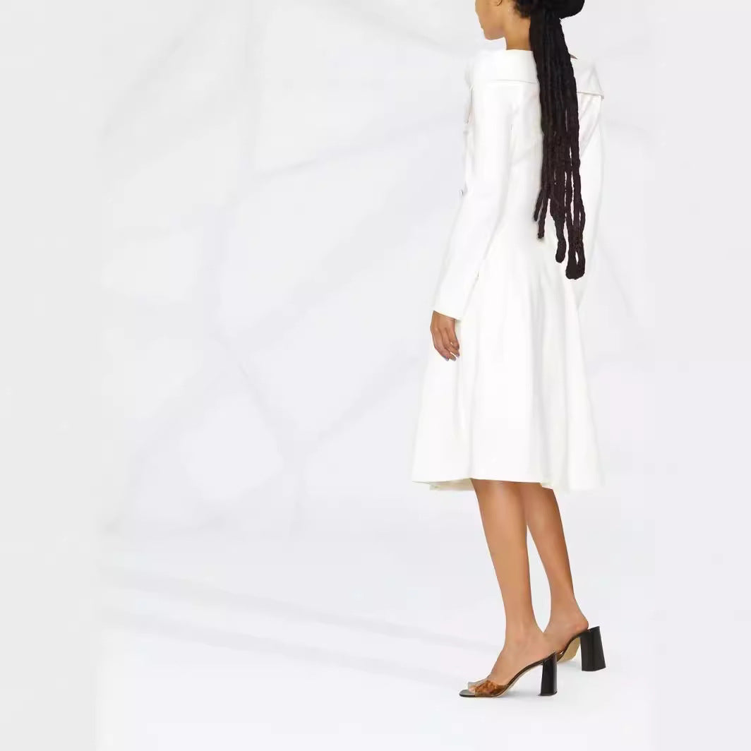 Women's maxi dress in coat look with off-the-shoulder collar and double row Mune Fashion