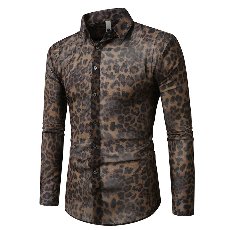 Men's fitted long-sleeve shirt with striking leopard print, lightweight satin look, and elastic slim fit Mune Fashion