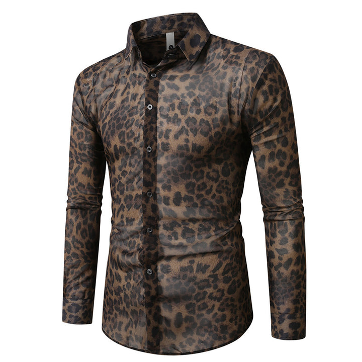 Men's fitted long-sleeve shirt with striking leopard print, lightweight satin look, and elastic slim fit Mune Fashion