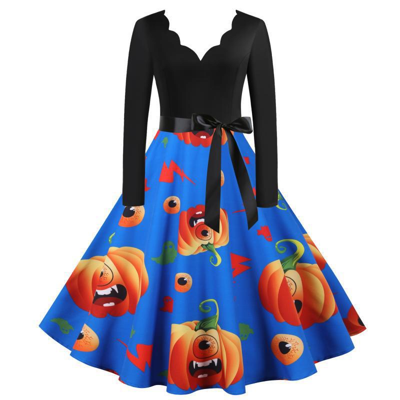 Women Vintage Swing Dress with Halloween Pumpkin Print and Waist Belt Mune Fashion