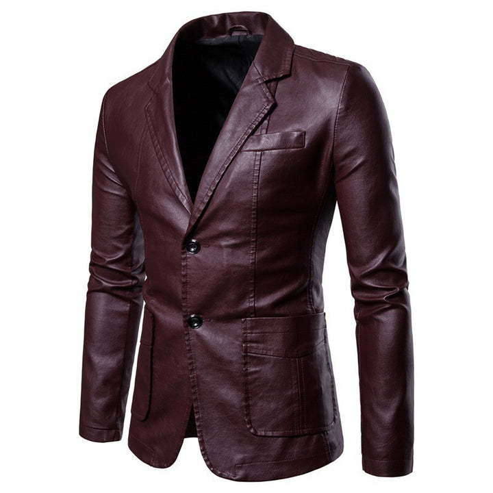 Men's Elegant Slim-Fit Faux Leather Blazer with Notched Lapel, Two-Button Placket & Flap Pockets Mune Fashion