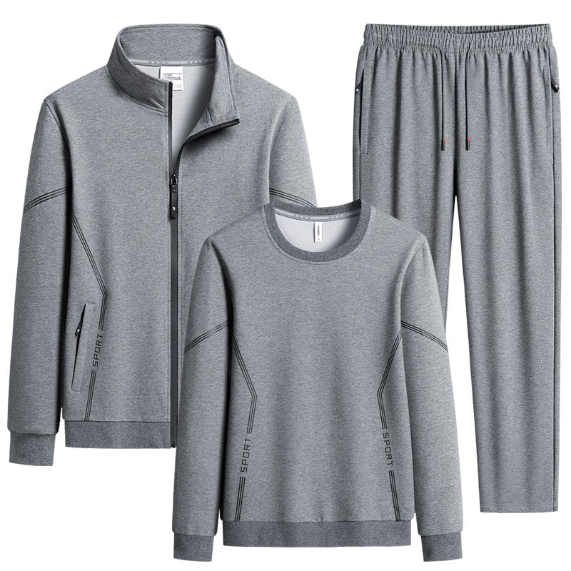Men's Three-Piece Performance Training Set with Stand Collar Zip Jacket, Round Neck Sweater & Tapered Jogging Pants Mune Fashion