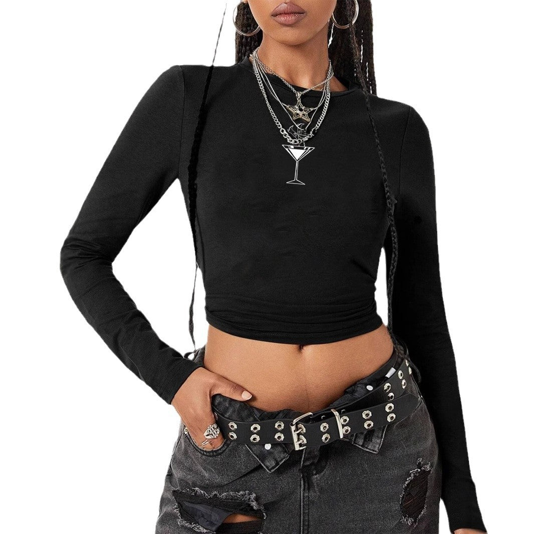 Women's figure-hugging long-sleeved cropped shirt with photorealistic lip collage and slim fit Mune Fashion