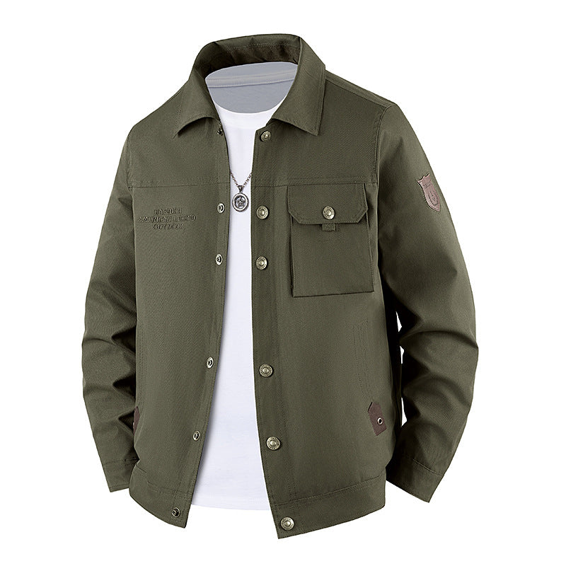 Men's Canvas Work Jacket with Button Placket, Patch Chest Pocket and Shirt Collar Mune Fashion
