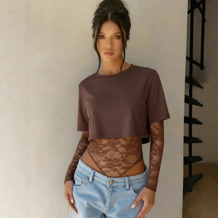 Women’s Short Cut Shirt with Transparent Lace Bodysuit Overlay Mune Fashion