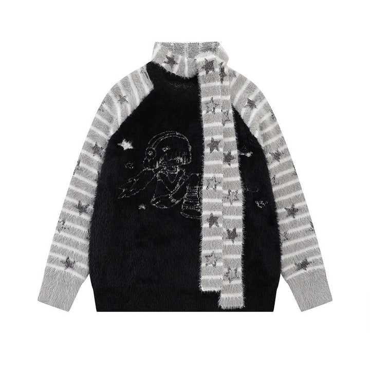 Women Soft Fluffy Knit Sweater with Integrated Tube Scarf and Manga Illustration Mune Fashion