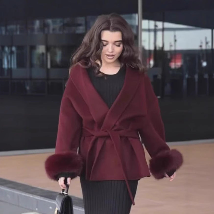 Women’s Wrap Coat with Tie Belt and Fur Trim on the Sleeves Mune Fashion