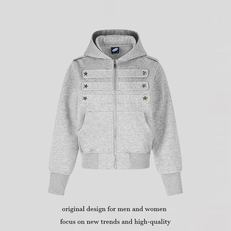 Women's cropped hooded sweatshirt jacket in military camo with decorative star strap details Mune Fashion