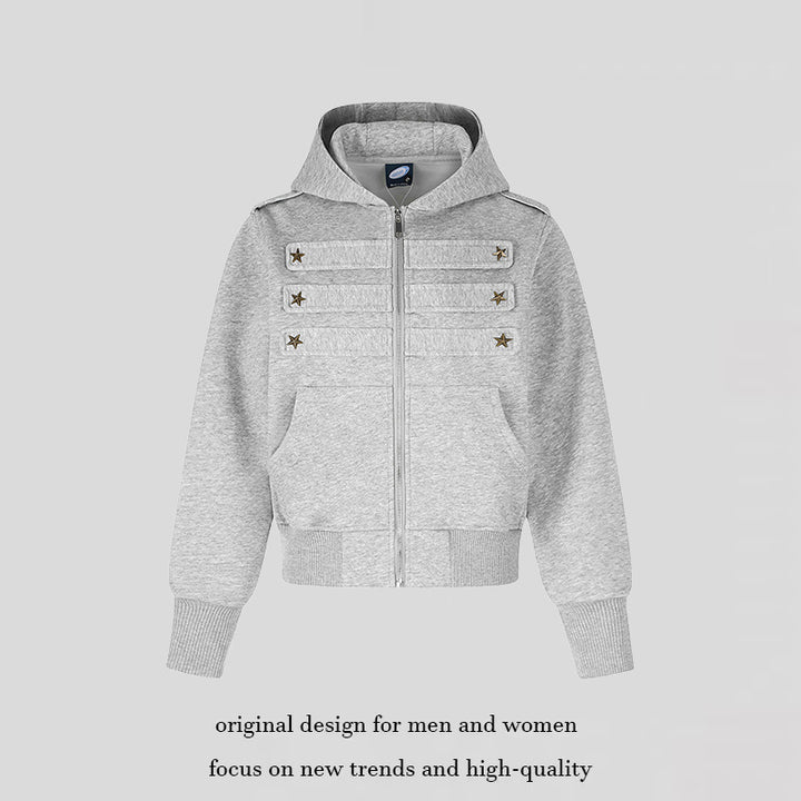 Women's cropped hooded sweatshirt jacket in military camo with decorative star strap details Mune Fashion