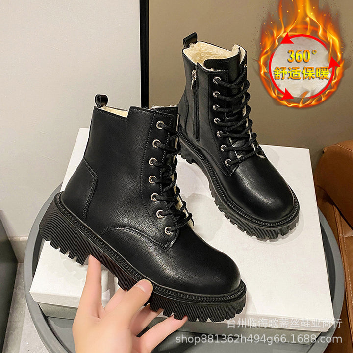 Ladies Lined Lace-up Biker Boots with Thick Profil Sole Mune Fashion