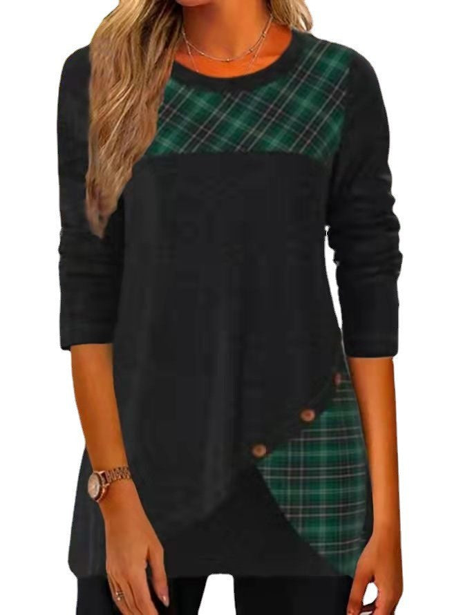 Women Asymmetrical Tunic with Check Patch and Decorative Buttons Mune Fashion