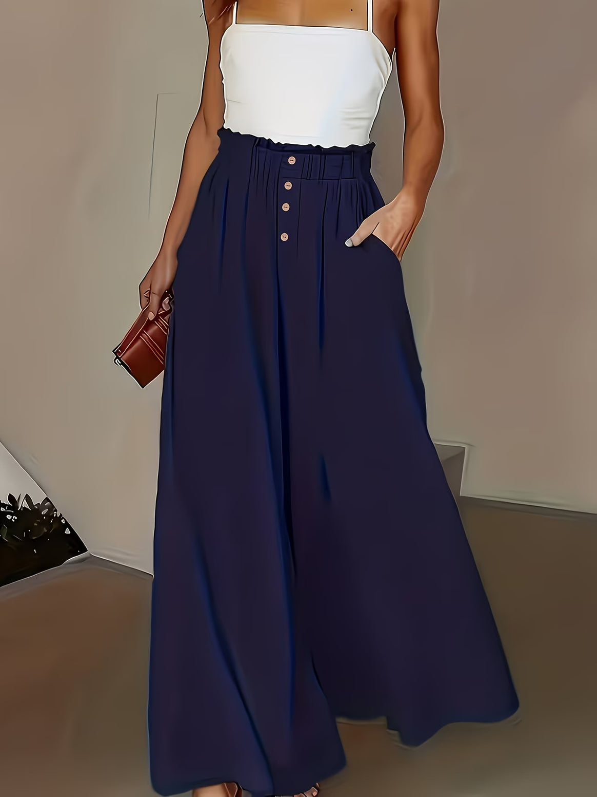 Women wide linen trousers with high, gathered waistband and button decoration Mune Fashion