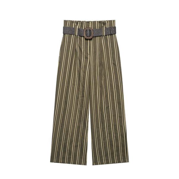 Women's high-waisted wide leg pants with vertical stripe pattern and waist belt Mune Fashion