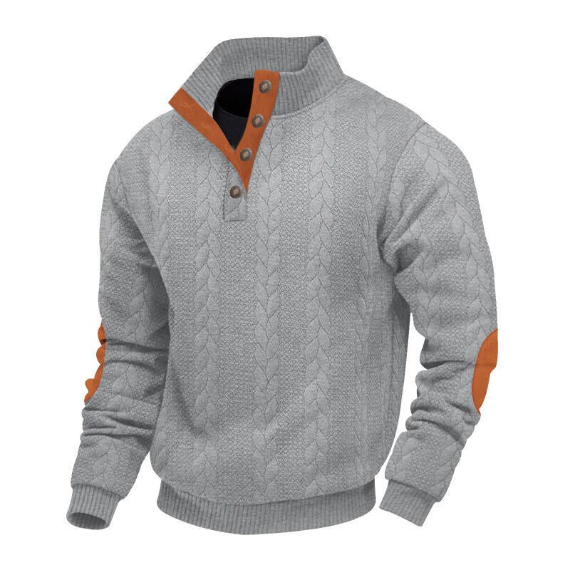 Men's chunky cable knit Troyer with button placket and suede elbow patches Mune Fashion