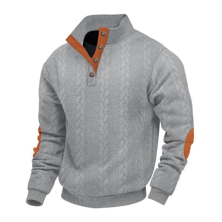 Men's chunky cable knit Troyer with button placket and suede elbow patches Mune Fashion